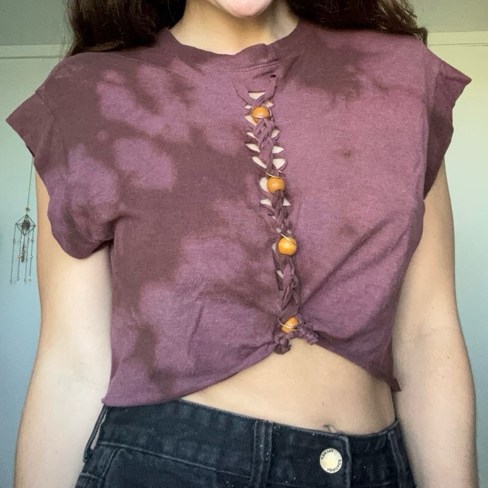Burgundy Fairy Top with Wooden Beads and Golden Rings